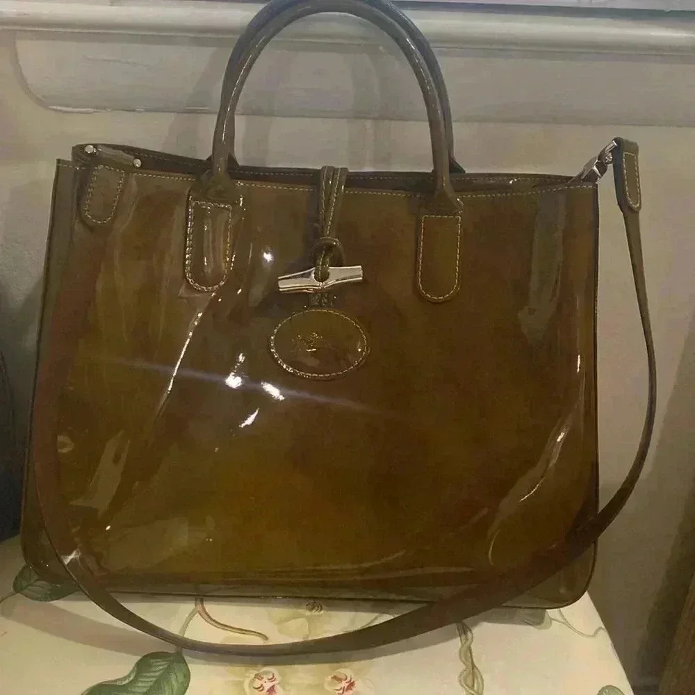 LONGCHAMP Brown Tortoise Patent Leather Large Roseau Toggle Tote